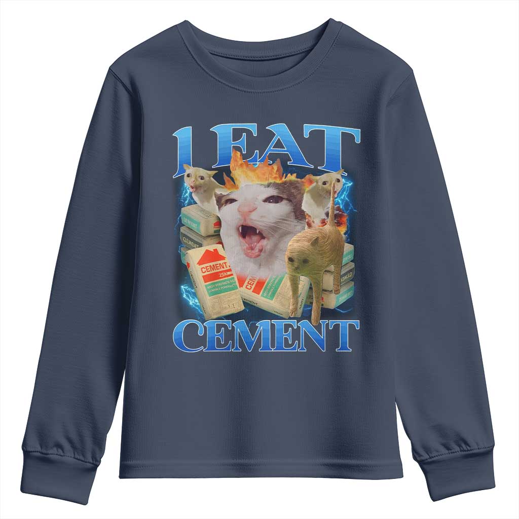 I Eat Cement Cursed Cat Youth Sweatshirt Funny Cat Meme Ironic TS10 Navy Print Your Wear