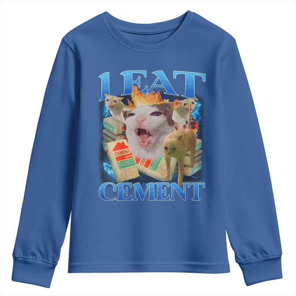 I Eat Cement Cursed Cat Youth Sweatshirt Funny Cat Meme Ironic TS10 Royal Blue Print Your Wear