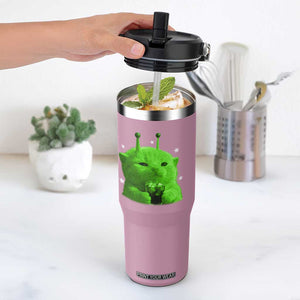 Funny Alien Cat Meme Flip Straw Tumbler Funny Kitten 90s Retro Vintage Graphic Weird Cats Y2k TS10 One Size: 30 oz Light Pink Print Your Wear