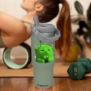 Funny Alien Cat Meme Flip Straw Tumbler Funny Kitten 90s Retro Vintage Graphic Weird Cats Y2k TS10 One Size: 30 oz Moss Green Print Your Wear