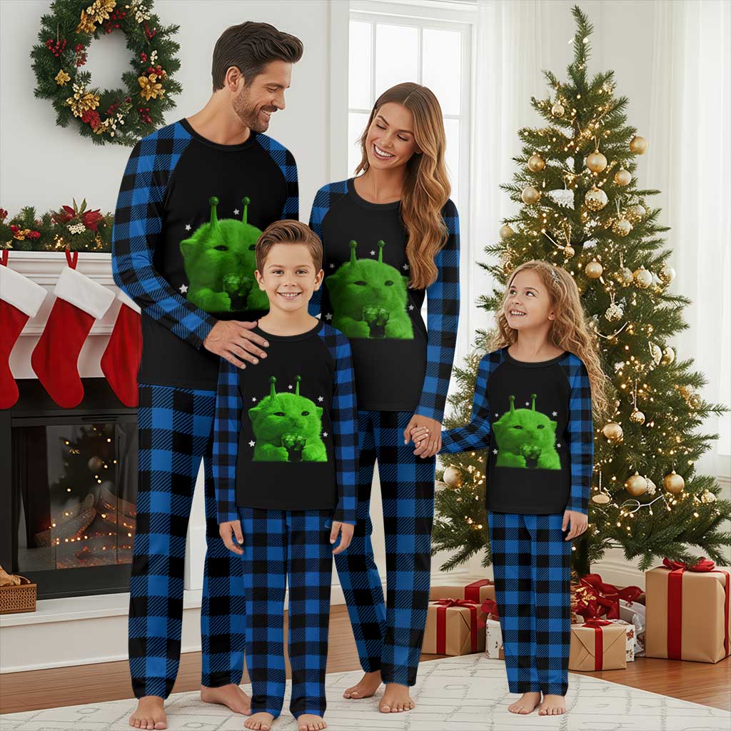 Funny Alien Cat Meme Plaid Pajama Set Funny Kitten 90s Retro Vintage Graphic Weird Cats Y2k TS10 Blue Plaid Print Your Wear