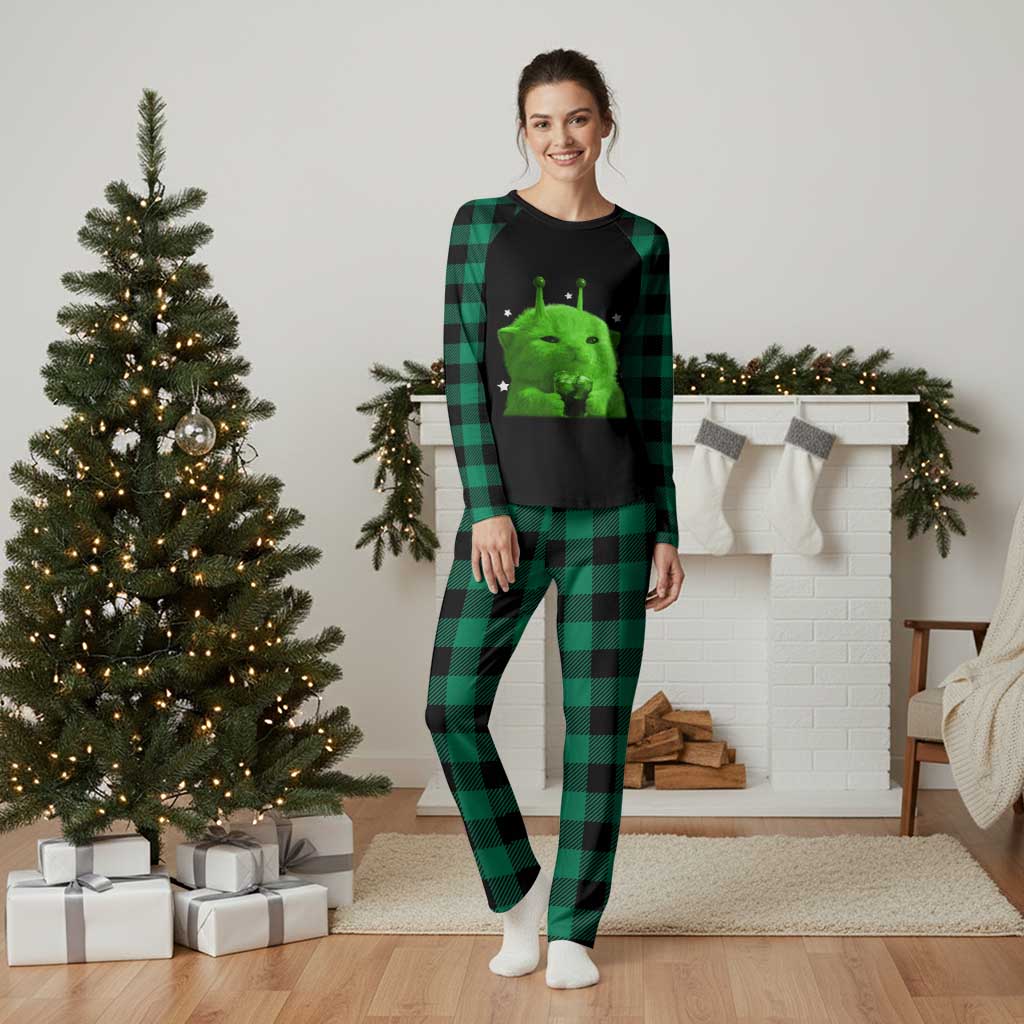 Funny Alien Cat Meme Plaid Pajama Set Funny Kitten 90s Retro Vintage Graphic Weird Cats Y2k TS10 Green Plaid Print Your Wear