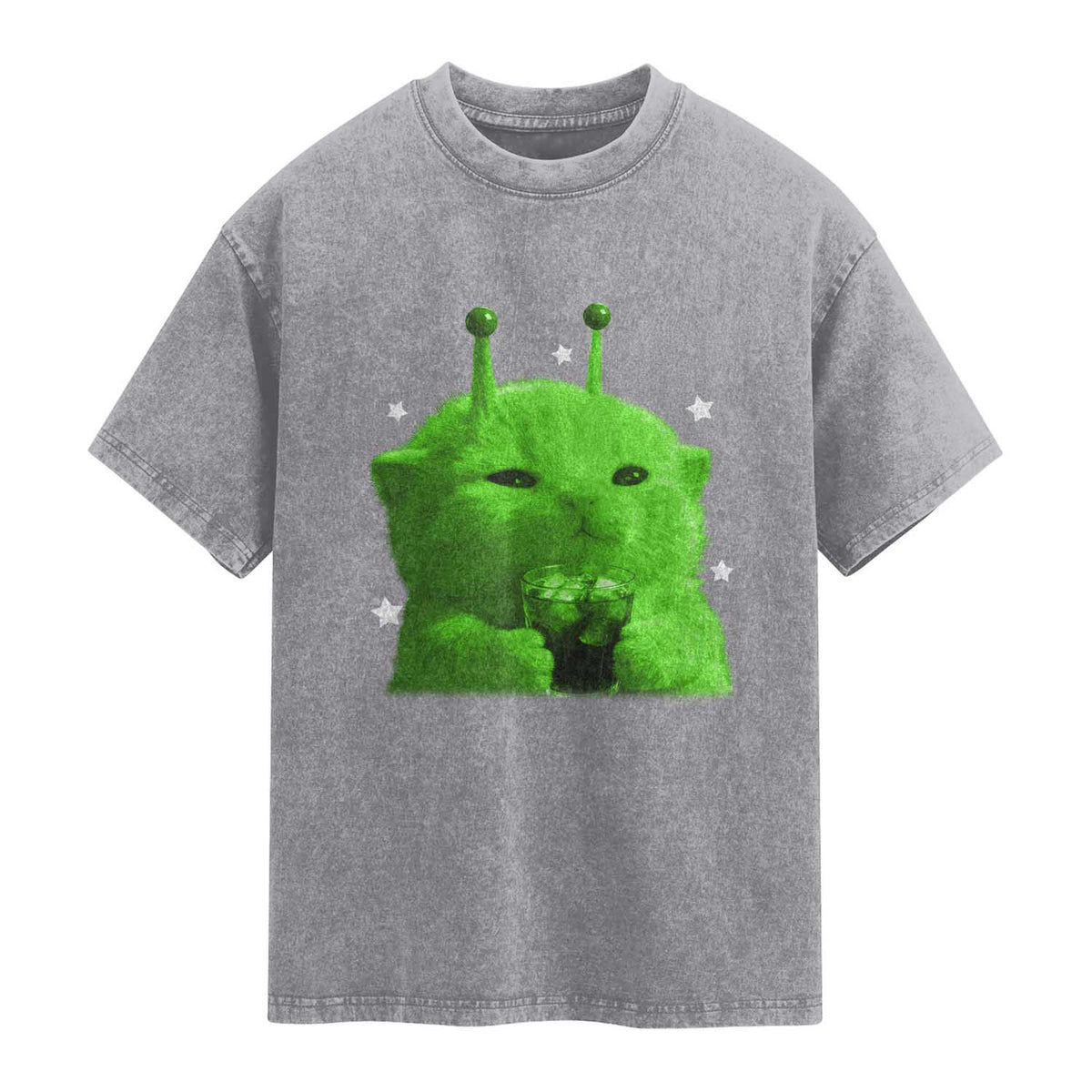 Funny Alien Cat Meme Washed Cotton T-Shirt Funny Kitten 90s Retro Vintage Graphic Weird Cats Y2k