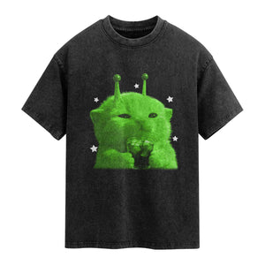 Funny Alien Cat Meme Washed Cotton T-Shirt Funny Kitten 90s Retro Vintage Graphic Weird Cats Y2k