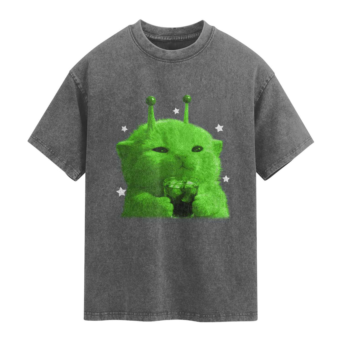 Funny Alien Cat Meme Washed Cotton T-Shirt Funny Kitten 90s Retro Vintage Graphic Weird Cats Y2k
