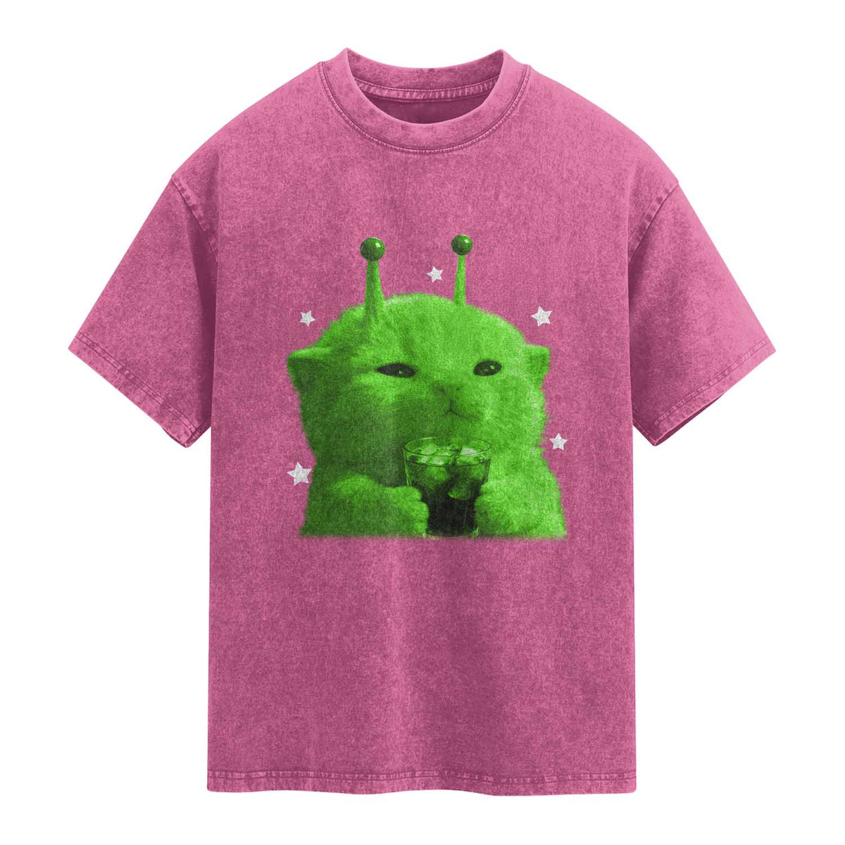 Funny Alien Cat Meme Washed Cotton T-Shirt Funny Kitten 90s Retro Vintage Graphic Weird Cats Y2k