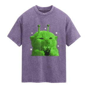 Funny Alien Cat Meme Washed Cotton T-Shirt Funny Kitten 90s Retro Vintage Graphic Weird Cats Y2k