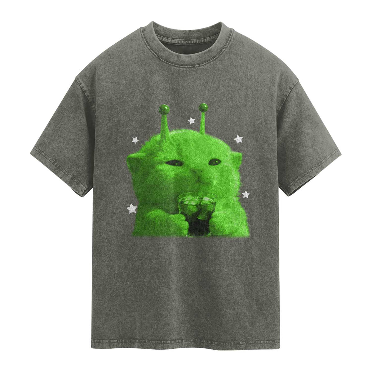 Funny Alien Cat Meme Washed Cotton T-Shirt Funny Kitten 90s Retro Vintage Graphic Weird Cats Y2k