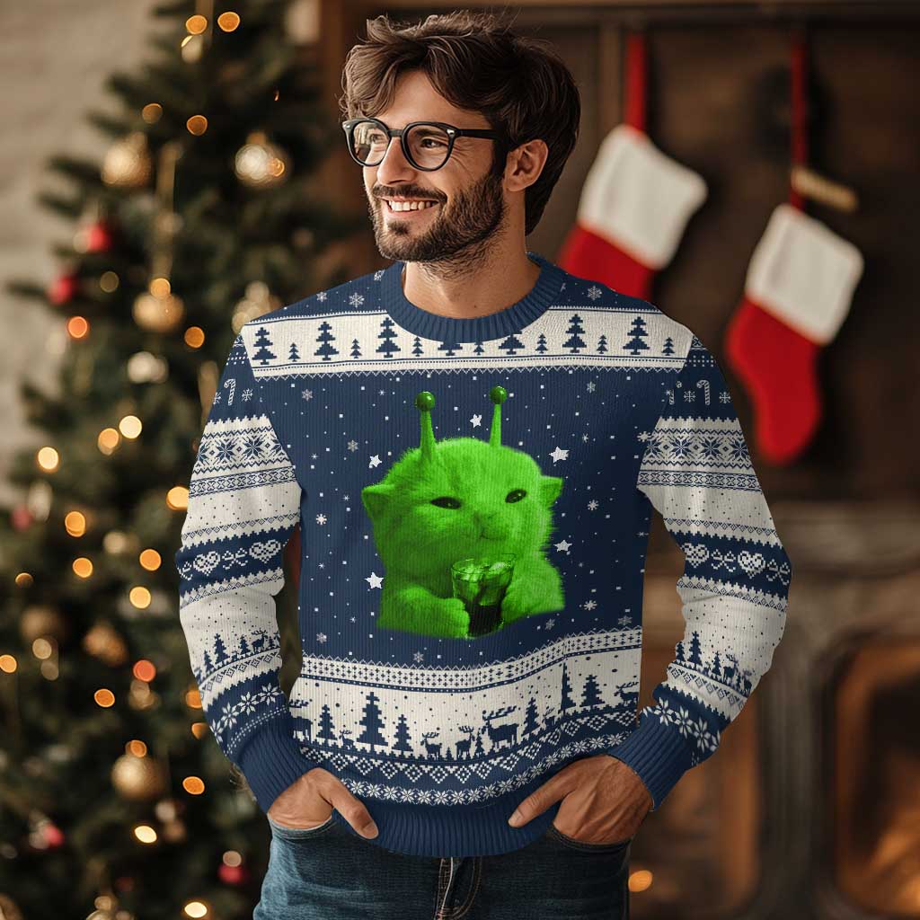 Funny Alien Cat Meme Ugly Christmas Sweater Funny Kitten 90s Retro Vintage Graphic Weird Cats Y2k TS10 Navy Beige Print Your Wear
