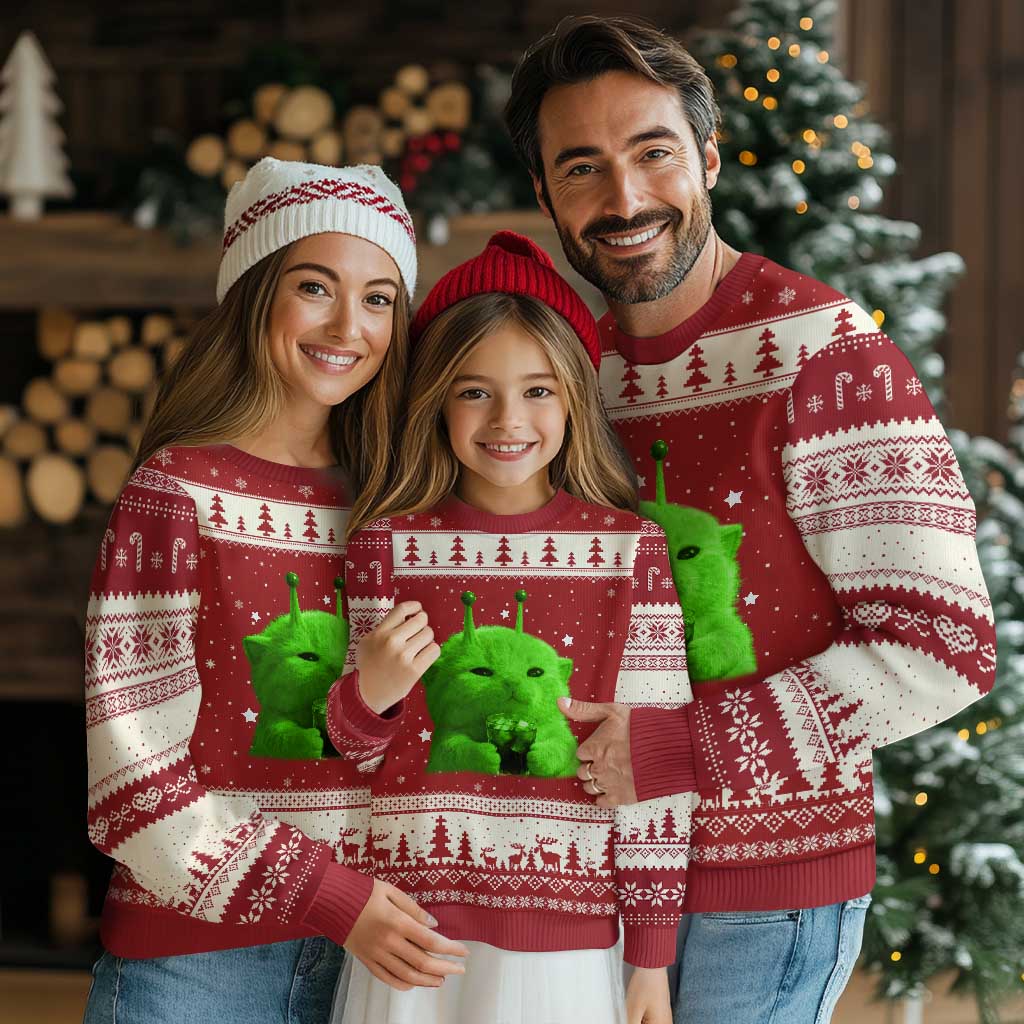 Funny Alien Cat Meme Ugly Christmas Sweater Funny Kitten 90s Retro Vintage Graphic Weird Cats Y2k TS10 Red Beige Print Your Wear