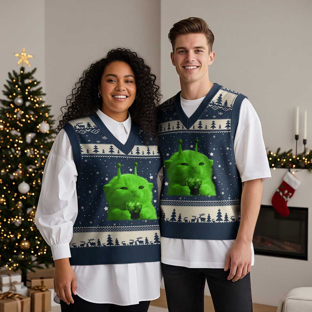Funny Alien Cat Meme V-Neck Knit Sweater Vest Funny Kitten 90s Retro Vintage Graphic Weird Cats Y2k TS10 Navy Beige Print Your Wear