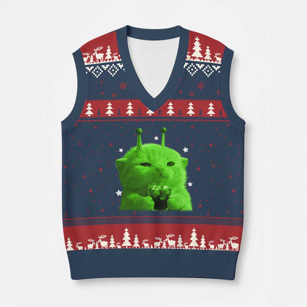 Funny Alien Cat Meme V-Neck Knit Sweater Vest Funny Kitten 90s Retro Vintage Graphic Weird Cats Y2k TS10 Navy Red Print Your Wear