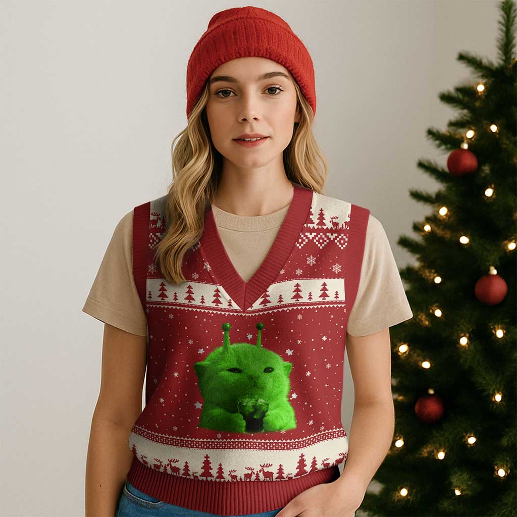 Funny Alien Cat Meme V-Neck Knit Sweater Vest Funny Kitten 90s Retro Vintage Graphic Weird Cats Y2k TS10 Red Beige Print Your Wear