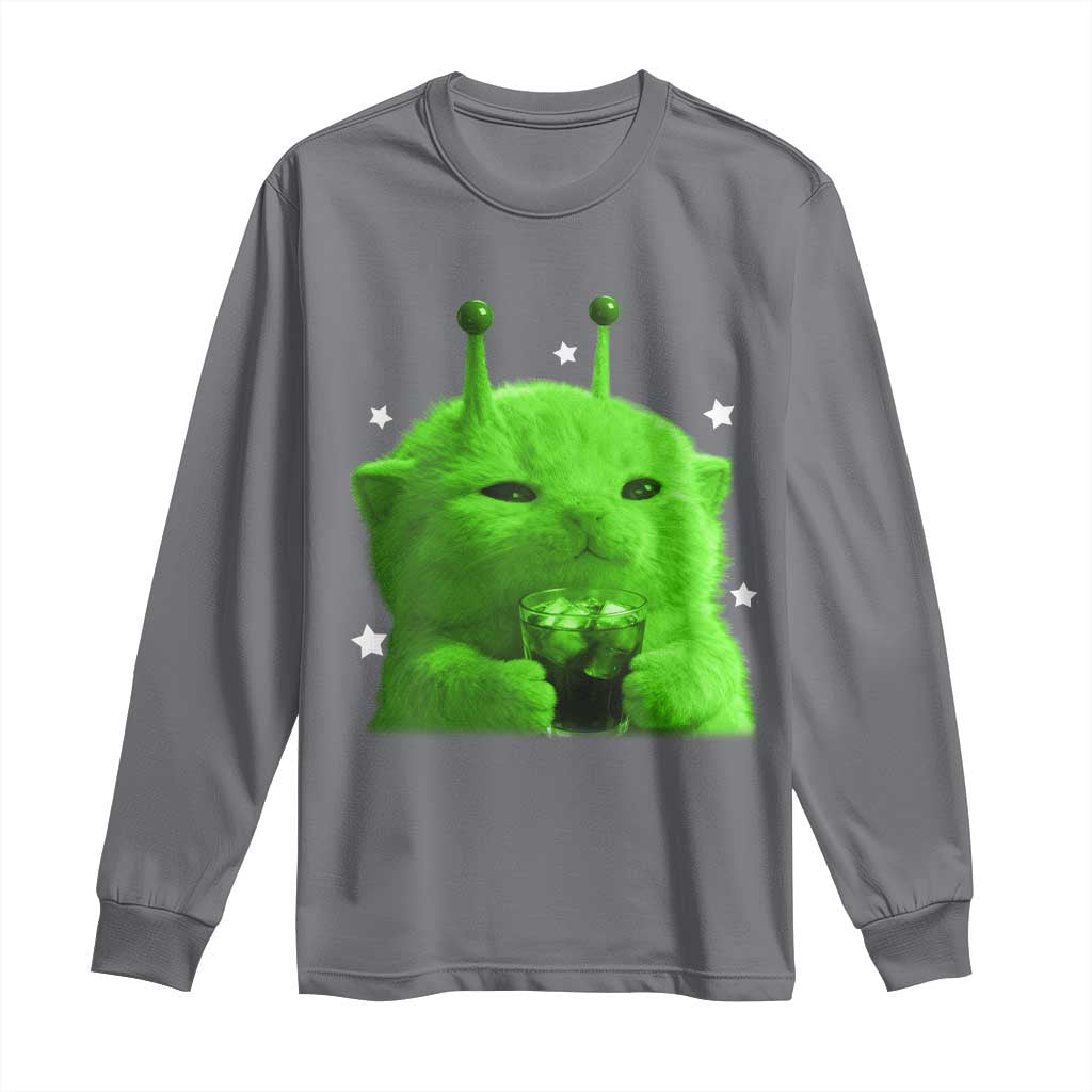 Funny Alien Cat Meme Long Sleeve Shirt Funny Kitten 90s Retro Vintage Graphic Weird Cats Y2k TS10 Charcoal Print Your Wear