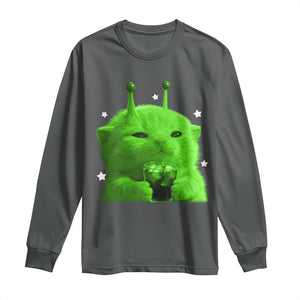 Funny Alien Cat Meme Long Sleeve Shirt Funny Kitten 90s Retro Vintage Graphic Weird Cats Y2k TS10 Dark Heather Print Your Wear