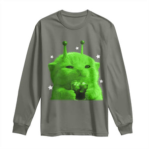 Funny Alien Cat Meme Long Sleeve Shirt Funny Kitten 90s Retro Vintage Graphic Weird Cats Y2k TS10 Military Green Print Your Wear