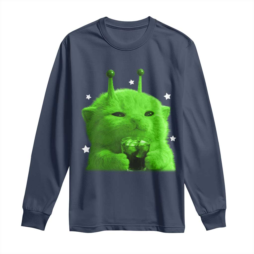 Funny Alien Cat Meme Long Sleeve Shirt Funny Kitten 90s Retro Vintage Graphic Weird Cats Y2k TS10 Navy Print Your Wear