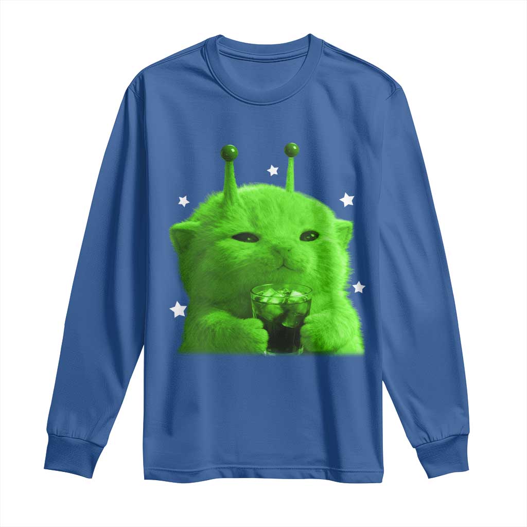Funny Alien Cat Meme Long Sleeve Shirt Funny Kitten 90s Retro Vintage Graphic Weird Cats Y2k TS10 Royal Blue Print Your Wear