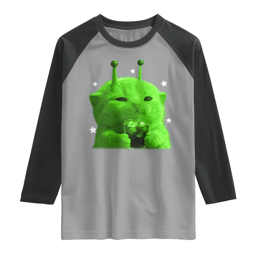 Funny Alien Cat Meme Raglan Shirt Funny Kitten 90s Retro Vintage Graphic Weird Cats Y2k TS10 Sport Gray Black Print Your Wear