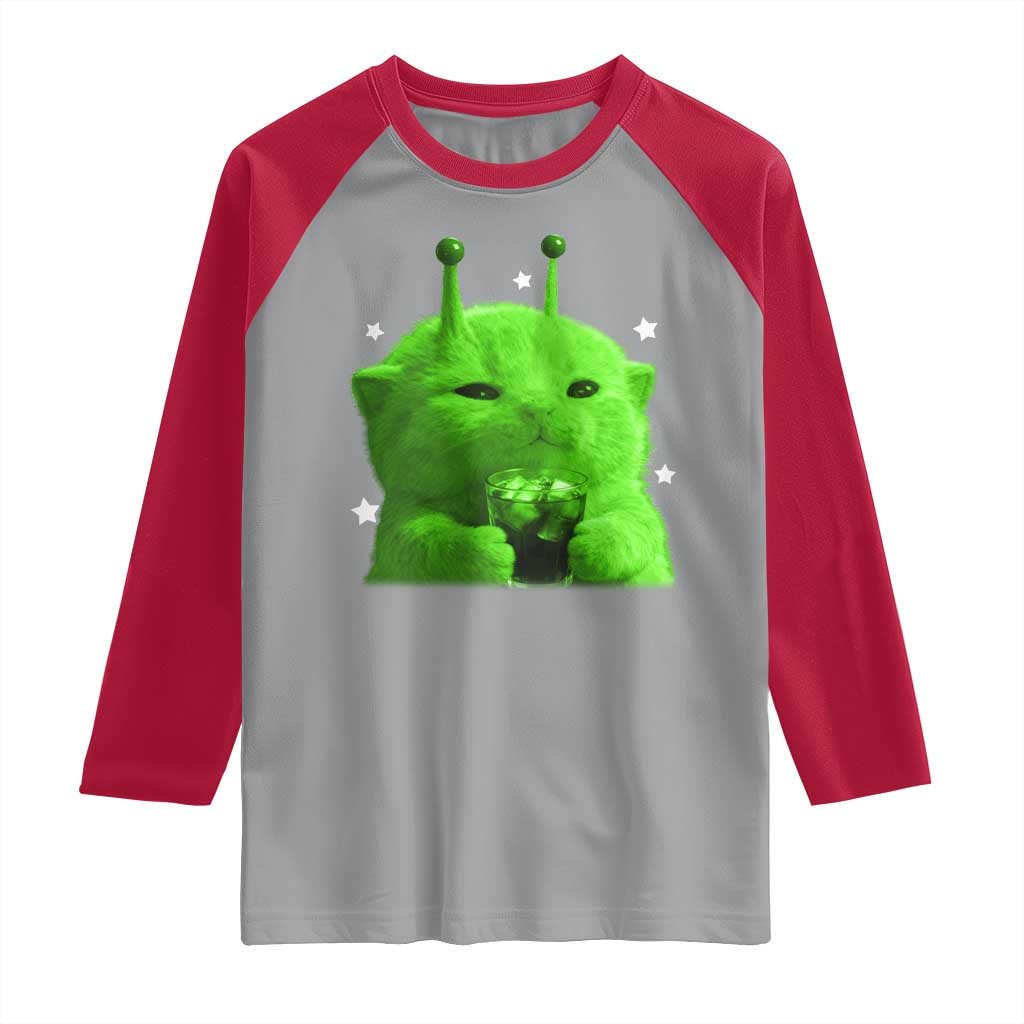 Funny Alien Cat Meme Raglan Shirt Funny Kitten 90s Retro Vintage Graphic Weird Cats Y2k TS10 Sport Gray Red Print Your Wear