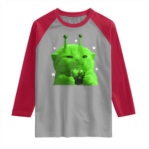 Funny Alien Cat Meme Raglan Shirt Funny Kitten 90s Retro Vintage Graphic Weird Cats Y2k TS10 Sport Gray Red Print Your Wear