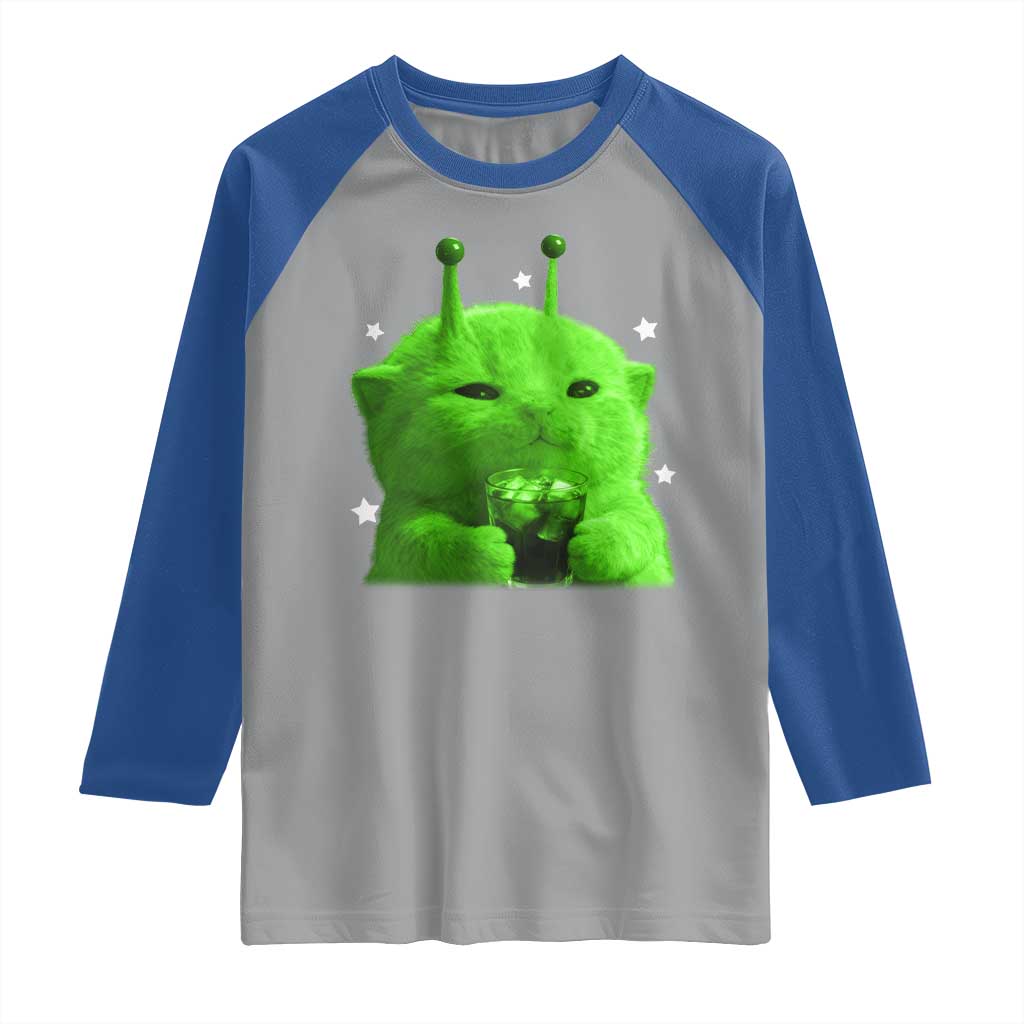Funny Alien Cat Meme Raglan Shirt Funny Kitten 90s Retro Vintage Graphic Weird Cats Y2k TS10 Sport Gray Royal Print Your Wear