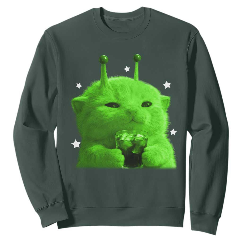 Funny Alien Cat Meme Sweatshirt Funny Kitten 90s Retro Vintage Graphic Weird Cats Y2k TS10 Dark Forest Green Print Your Wear