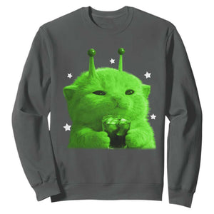 Funny Alien Cat Meme Sweatshirt Funny Kitten 90s Retro Vintage Graphic Weird Cats Y2k TS10 Dark Heather Print Your Wear