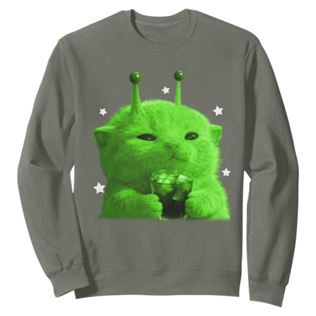 Funny Alien Cat Meme Sweatshirt Funny Kitten 90s Retro Vintage Graphic Weird Cats Y2k TS10 Military Green Print Your Wear