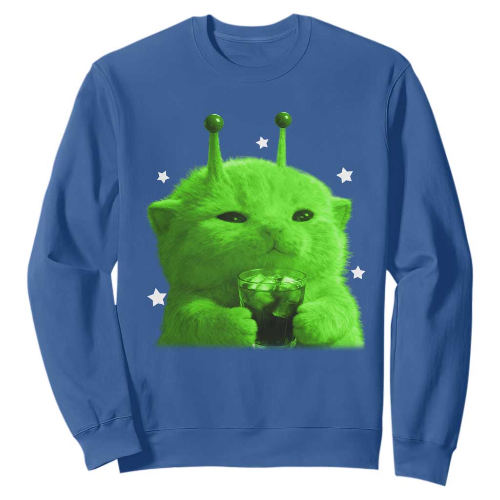 Funny Alien Cat Meme Sweatshirt Funny Kitten 90s Retro Vintage Graphic Weird Cats Y2k TS10 Royal Blue Print Your Wear