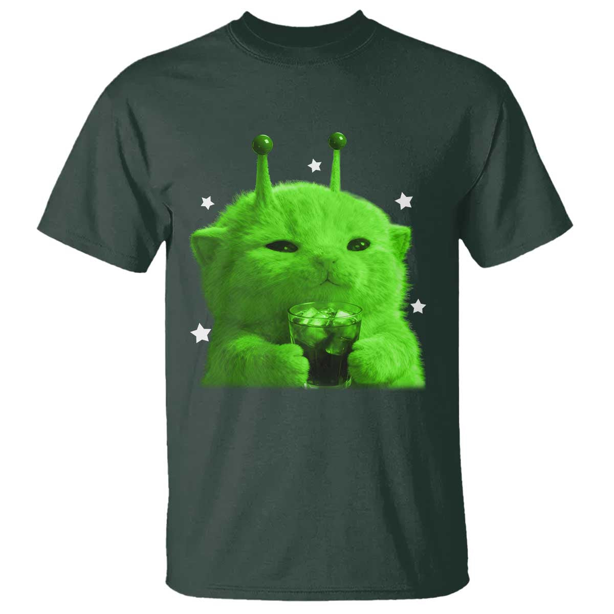 Funny Alien Cat Meme T Shirt Funny Kitten 90s Retro Vintage Graphic Weird Cats Y2k TS10 Dark Forest Green Print Your Wear