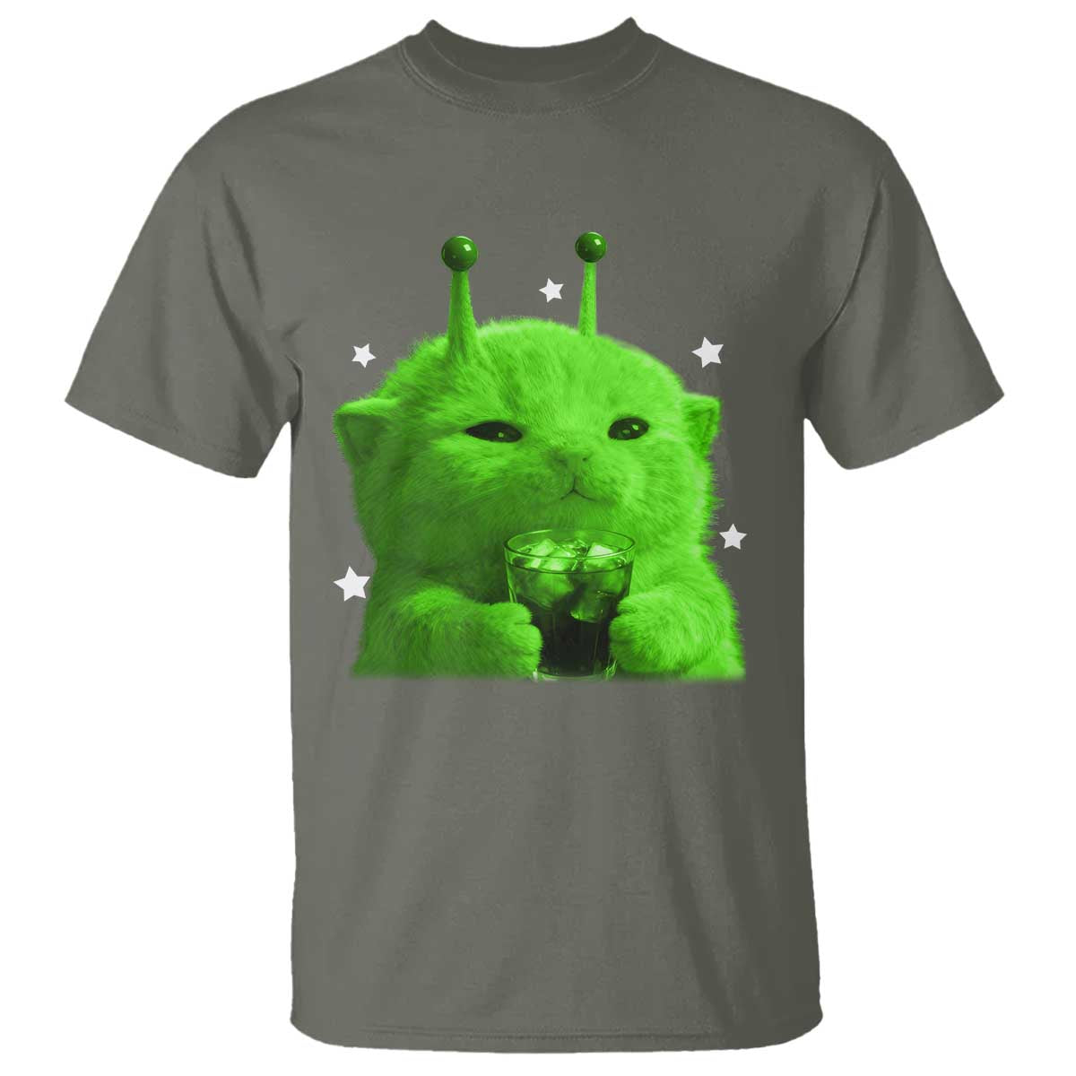 Funny Alien Cat Meme T Shirt Funny Kitten 90s Retro Vintage Graphic Weird Cats Y2k TS10 Military Green Print Your Wear