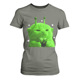 Funny Alien Cat Meme T Shirt For Women Funny Kitten 90s Retro Vintage Graphic Weird Cats Y2k TS10 Military Green Print Your Wear