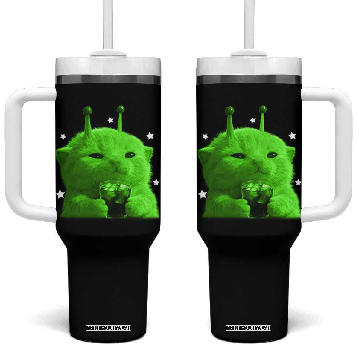 Funny Alien Cat Meme Tumbler With Handle Funny Kitten 90s Retro Vintage Graphic Weird Cats Y2k TS10 One Size: 40 oz Black Print Your Wear