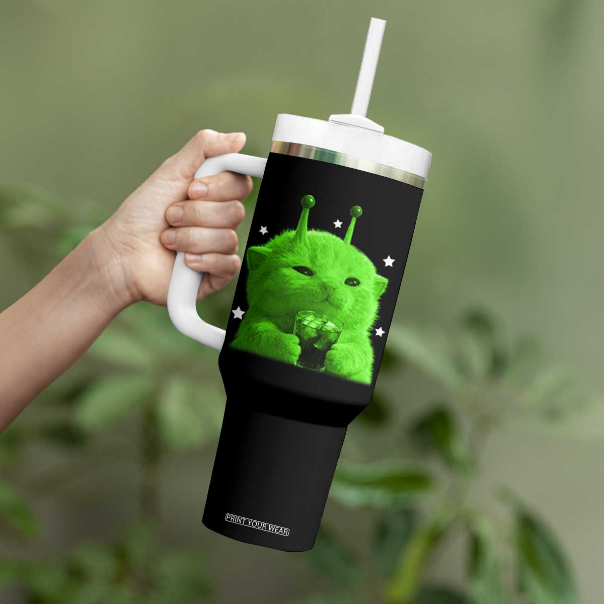 Funny Alien Cat Meme Tumbler With Handle Funny Kitten 90s Retro Vintage Graphic Weird Cats Y2k TS10 Print Your Wear
