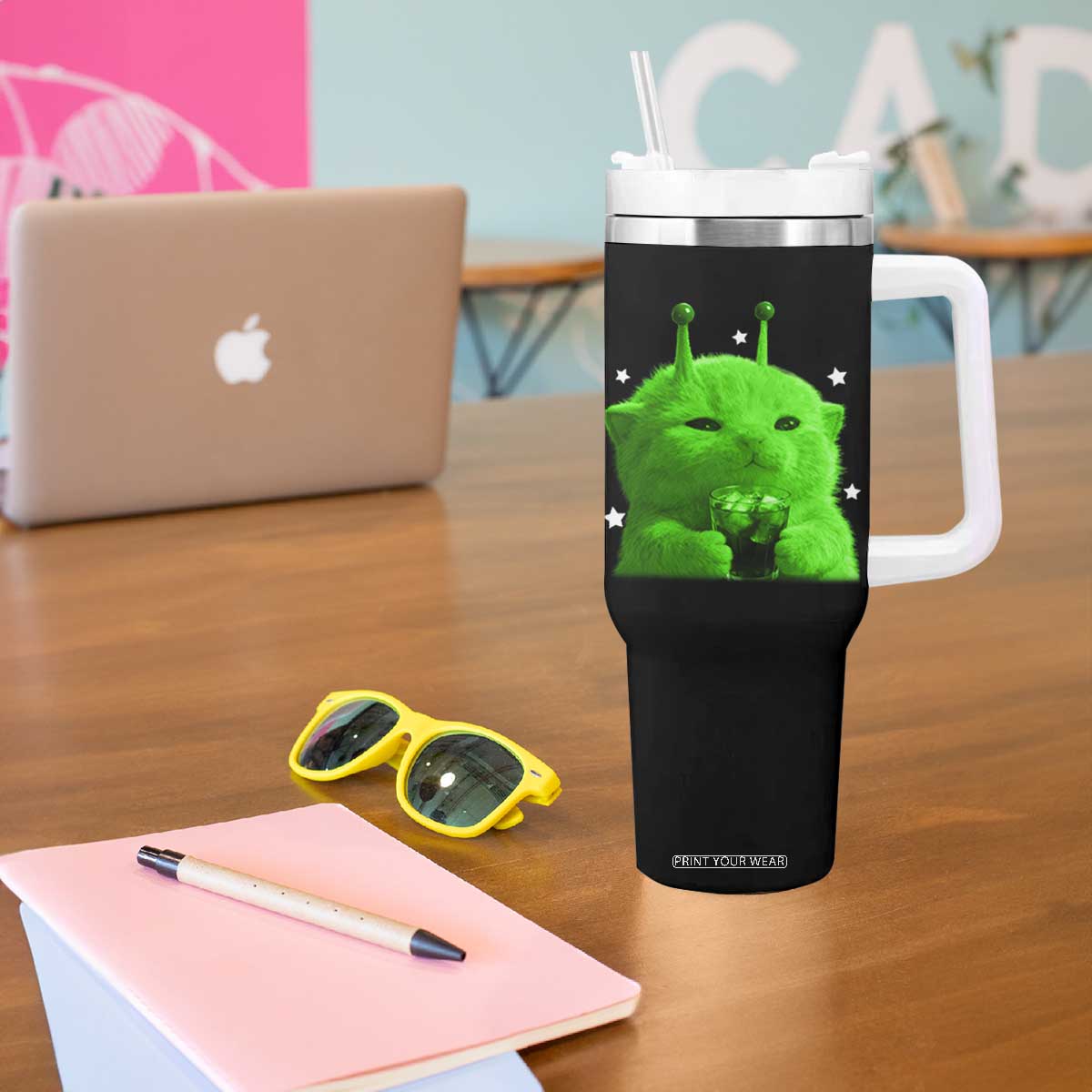 Funny Alien Cat Meme Tumbler With Handle Funny Kitten 90s Retro Vintage Graphic Weird Cats Y2k TS10 Print Your Wear