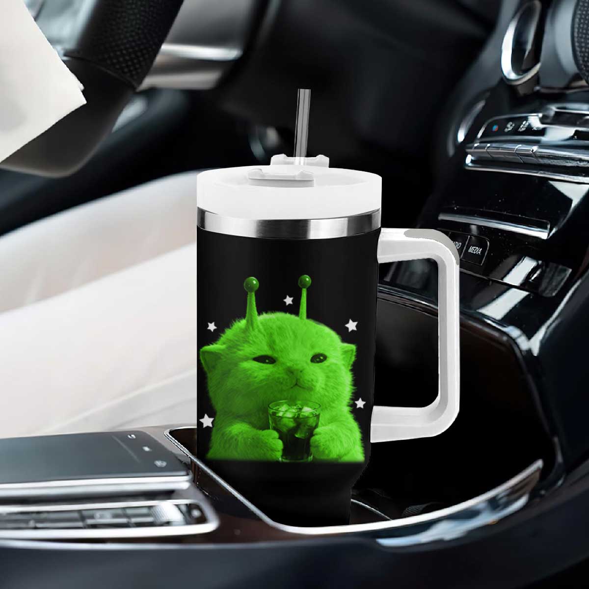 Funny Alien Cat Meme Tumbler With Handle Funny Kitten 90s Retro Vintage Graphic Weird Cats Y2k TS10 Print Your Wear