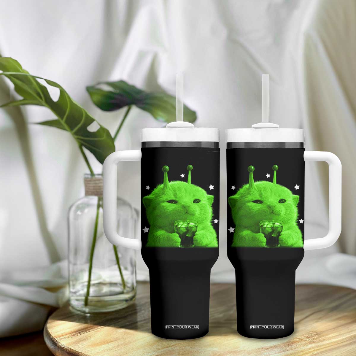 Funny Alien Cat Meme Tumbler With Handle Funny Kitten 90s Retro Vintage Graphic Weird Cats Y2k TS10 Print Your Wear