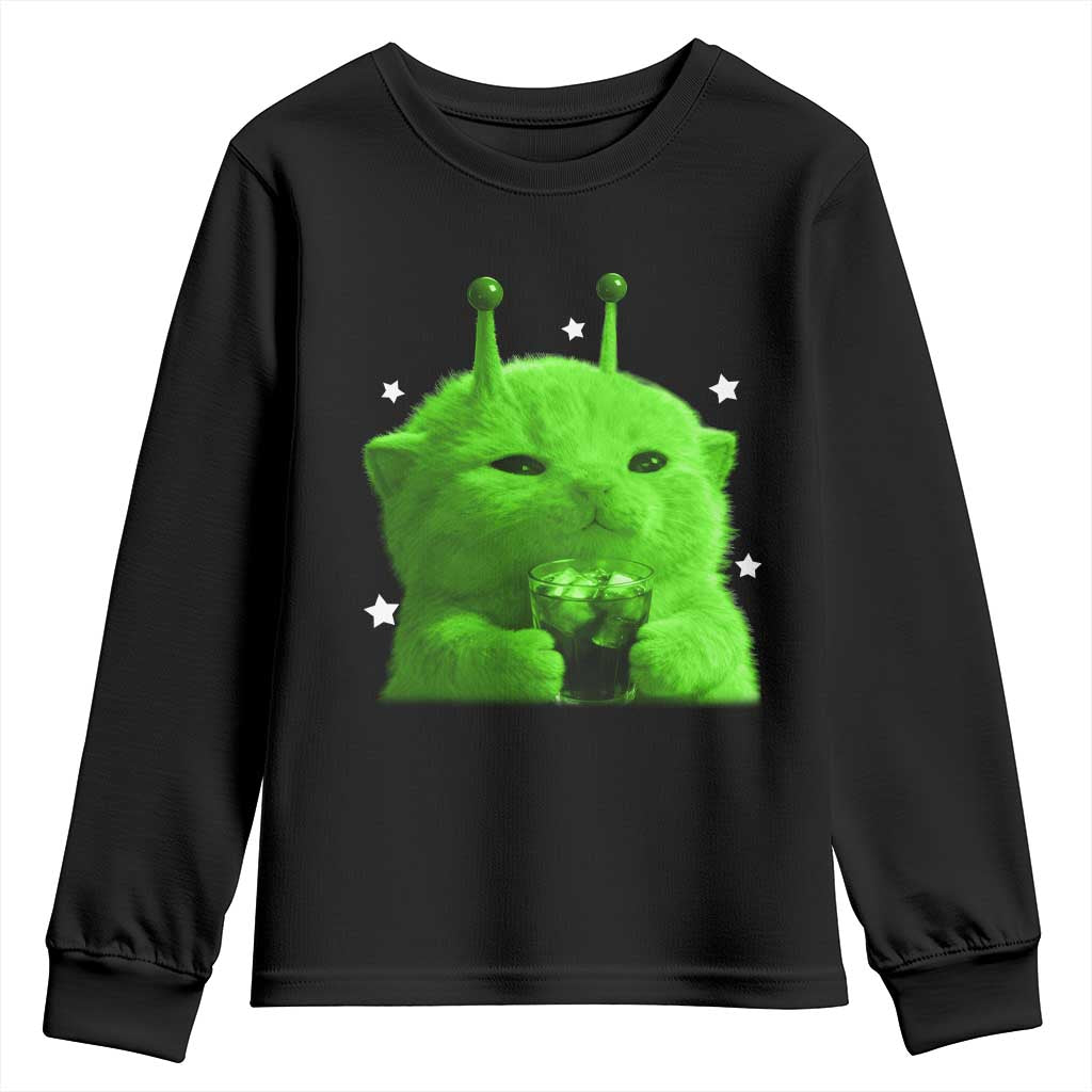 Funny Alien Cat Meme Youth Sweatshirt Funny Kitten 90s Retro Vintage Graphic Weird Cats Y2k TS10 Black Print Your Wear