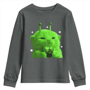 Funny Alien Cat Meme Youth Sweatshirt Funny Kitten 90s Retro Vintage Graphic Weird Cats Y2k TS10 Dark Heather Print Your Wear