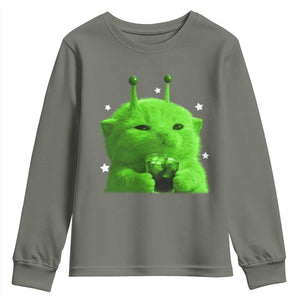 Funny Alien Cat Meme Youth Sweatshirt Funny Kitten 90s Retro Vintage Graphic Weird Cats Y2k TS10 Military Green Print Your Wear