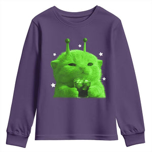 Funny Alien Cat Meme Youth Sweatshirt Funny Kitten 90s Retro Vintage Graphic Weird Cats Y2k TS10 Purple Print Your Wear