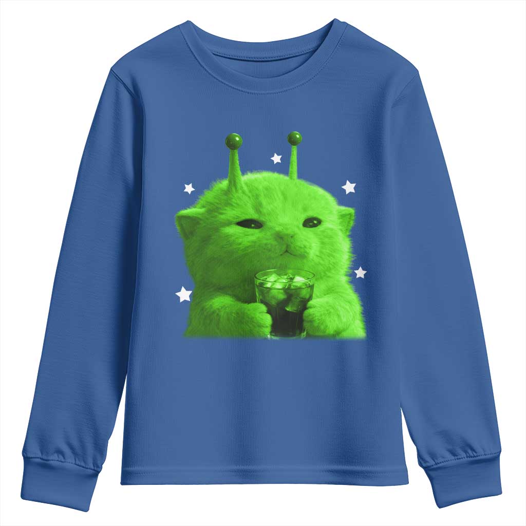 Funny Alien Cat Meme Youth Sweatshirt Funny Kitten 90s Retro Vintage Graphic Weird Cats Y2k TS10 Royal Blue Print Your Wear