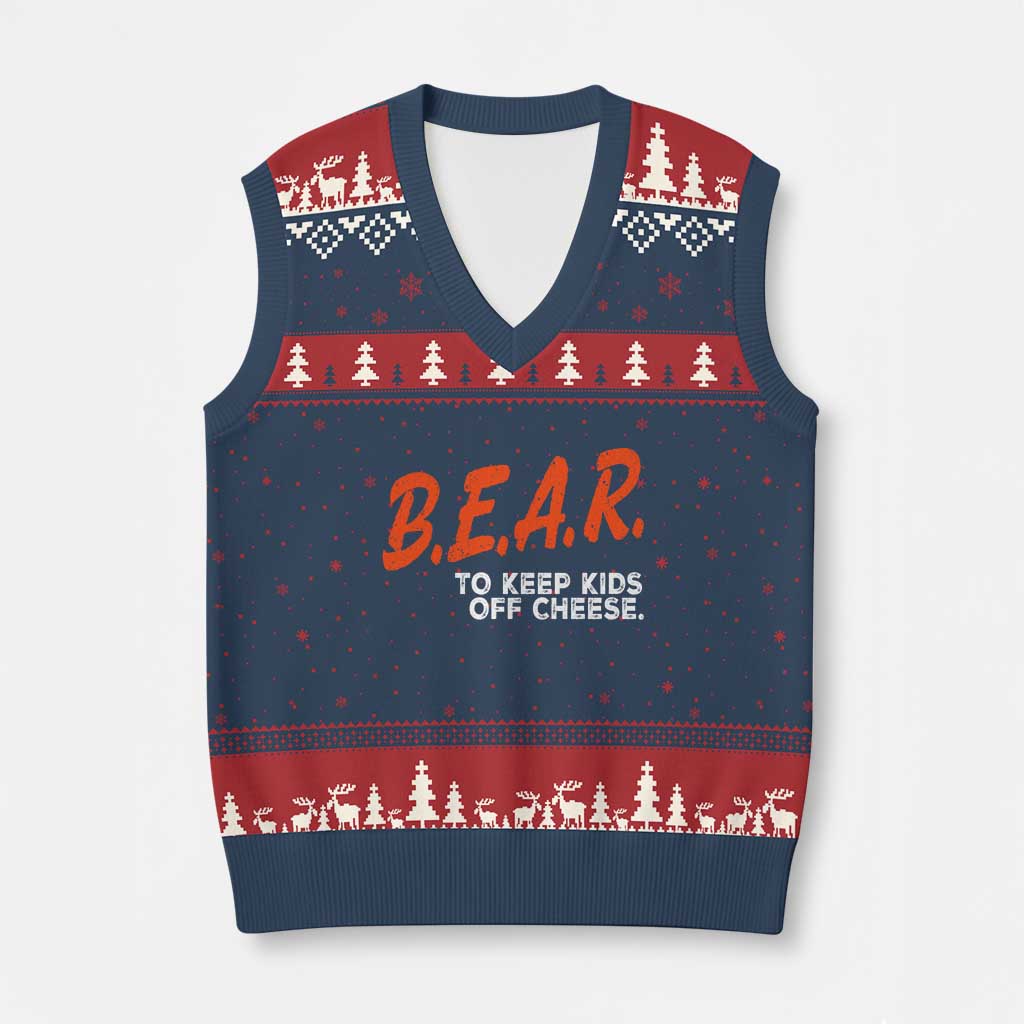 Bear to Keep Kids Off Cheese V-Neck Knit Sweater Vest TS10 Navy Red Print Your Wear