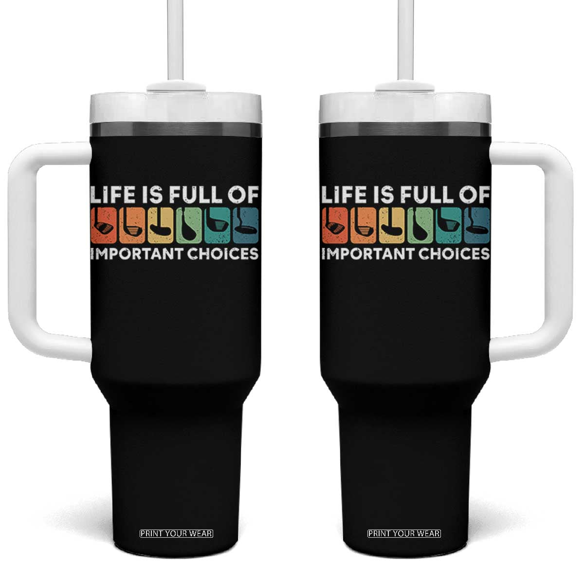 Life is Full of Important Choices Tumbler With Handle Funny Retro Golfing Clubs Golf Lover Gift - Print Your Wear