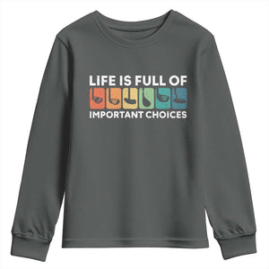 Life is Full of Important Choices Youth Sweatshirt Funny Retro Golfing Clubs Golf Lover Gift TS10 Dark Heather Print Your Wear