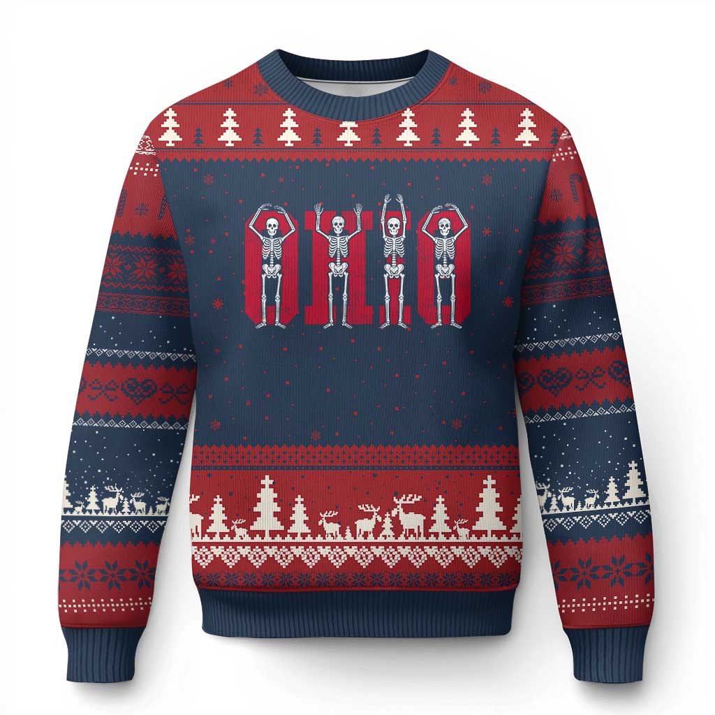O-H-I-O State Ugly Christmas Sweater Funny Skeletons Ohio Vintage Halloween Team TS10 Navy Red Print Your Wear
