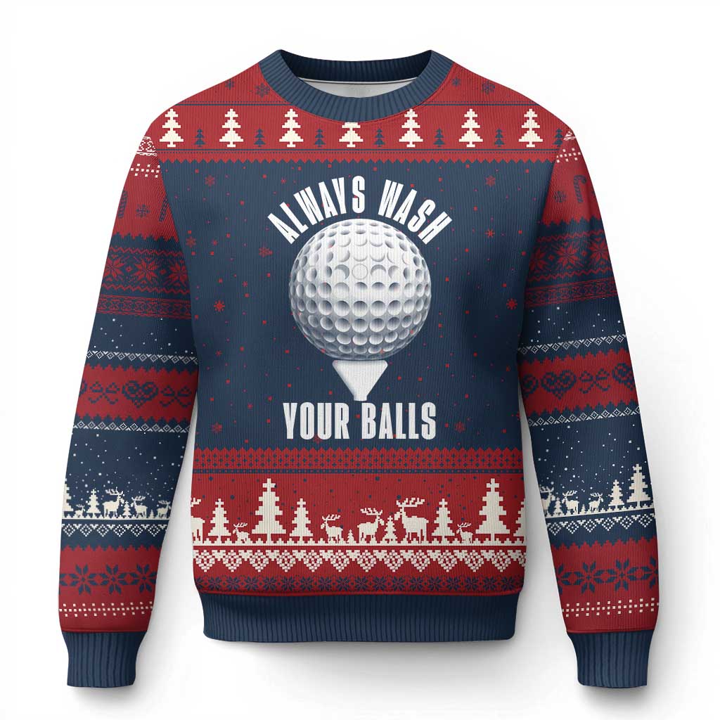 Funny Golf Ugly Christmas Sweater Always Wash Your Balls Meme TS10 Navy Red Print Your Wear