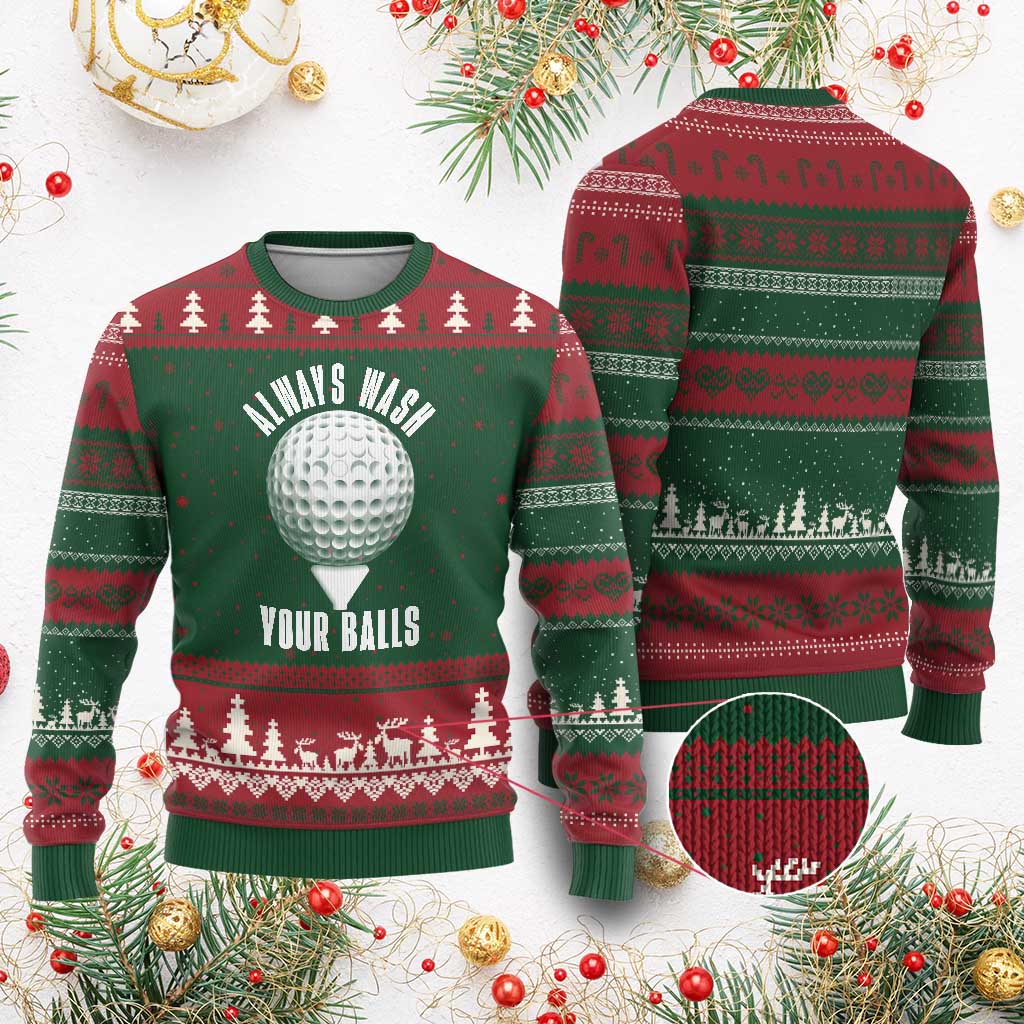 Funny Golf Ugly Christmas Sweater Always Wash Your Balls Meme TS10 Red Green Print Your Wear
