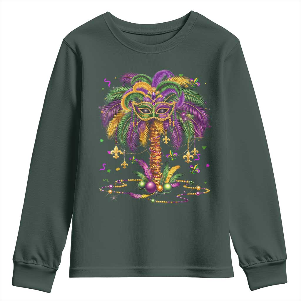 Mardi Gras Bead Tree Youth Sweatshirt Carnival New Orleans Hawaiian Tropical Palm Tree 2025 TS10 Dark Forest Green Print Your Wear